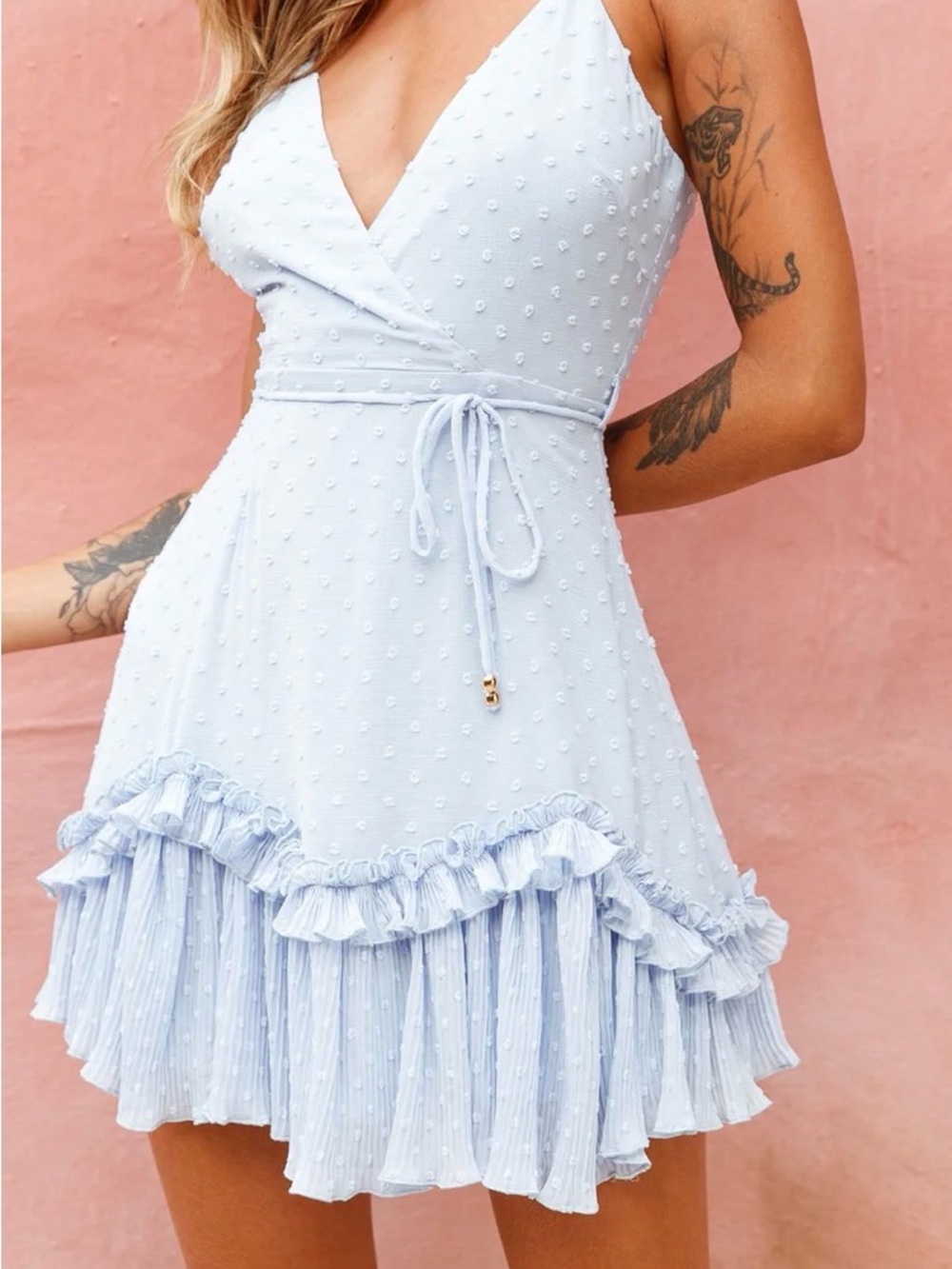 Saints + Secrets Cami Strap Accordion Pleat Dress Hail Spot Baby Blue Small